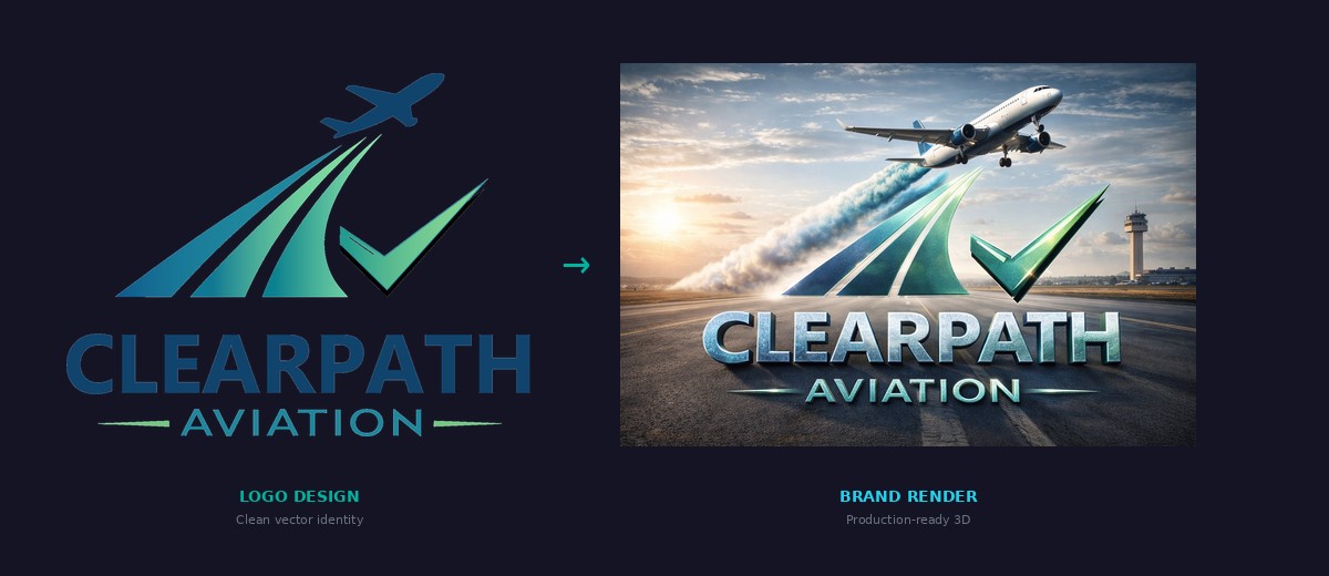 ClearPath Aviation brand identity — clean vector logo with aircraft and checkmark beside production-ready 3D render on runway